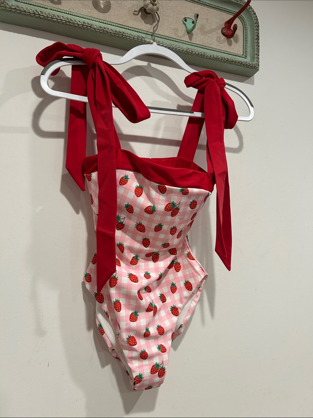 Dolls Kill Red Pink Strawberry Gingham One-Piece bow strap Swimsuit women’s xxs - Picture 2 of 8
